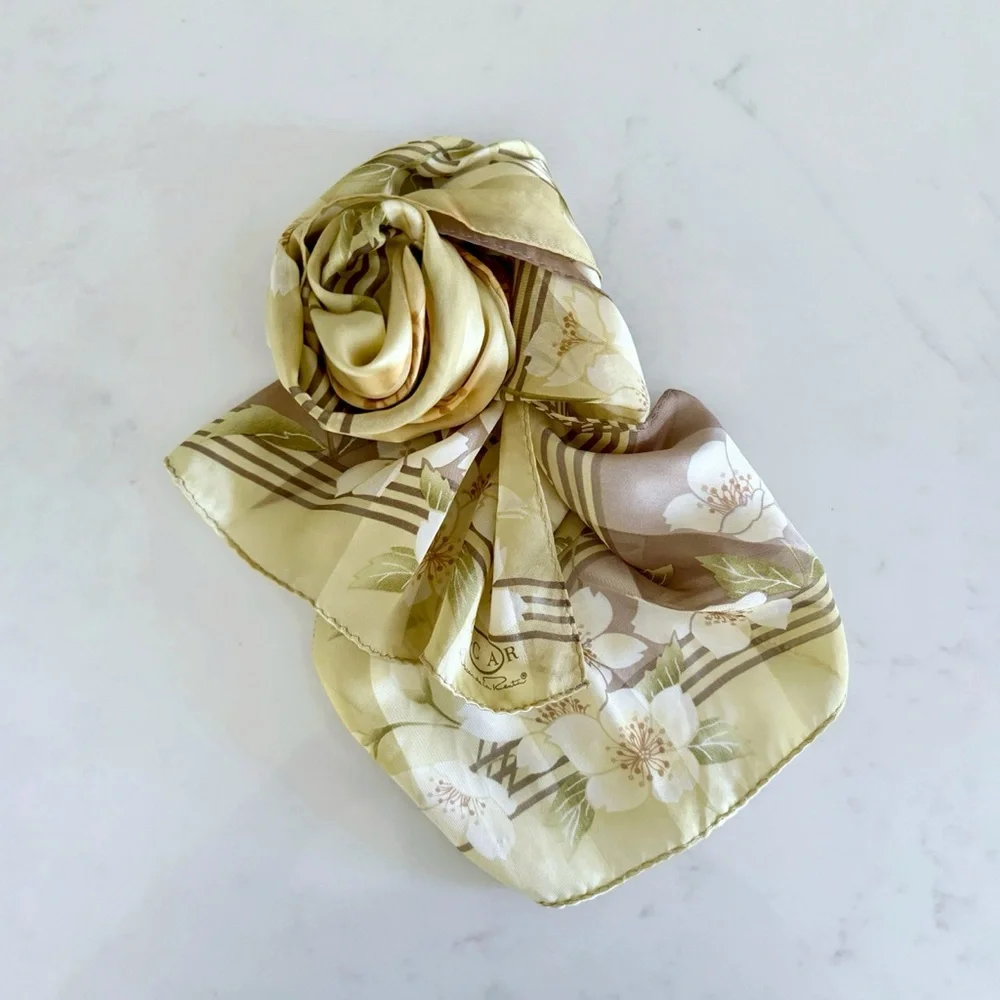Oscar de la Renta Golden Cherry Blossom Silk Sateen Scarf, Rectangular (Oblong)